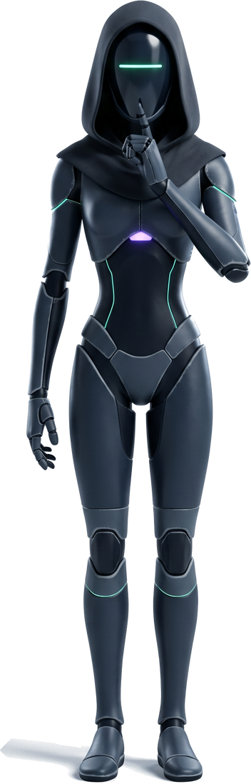 A hooded robot agent holding a finger to its faceplate